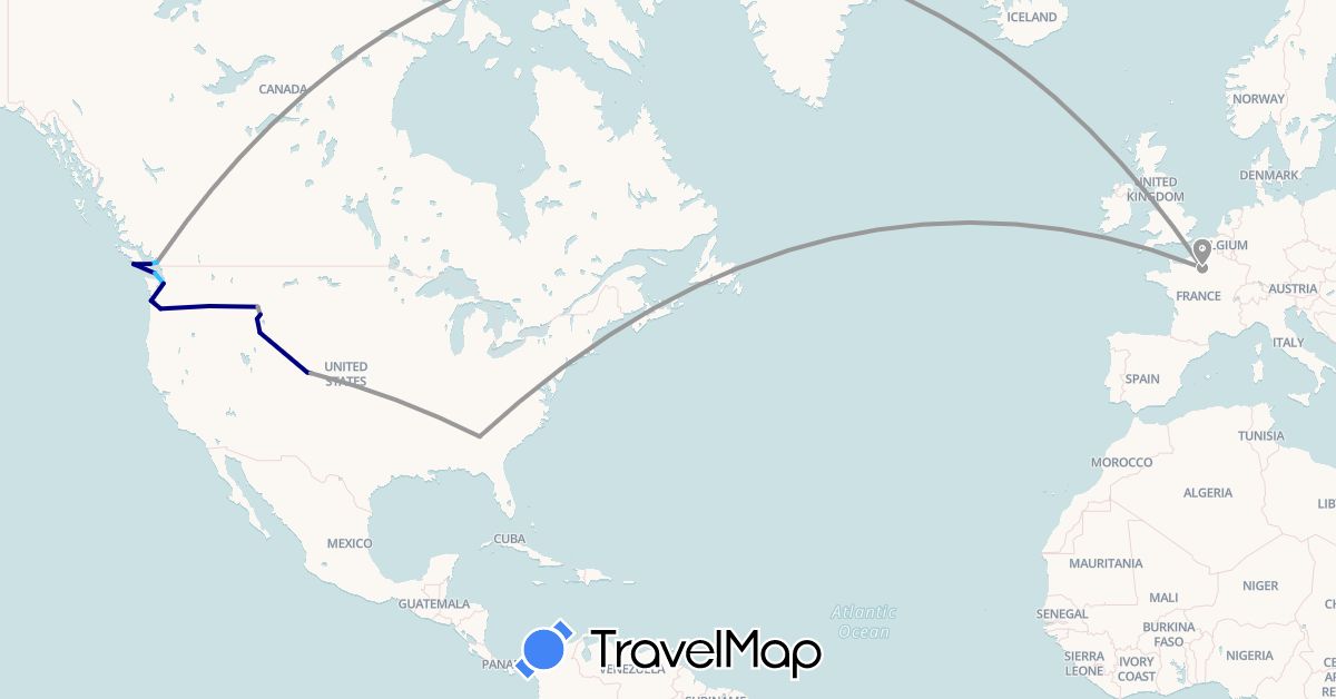 TravelMap itinerary: driving, plane, boat in Canada, France, United States (Europe, North America)